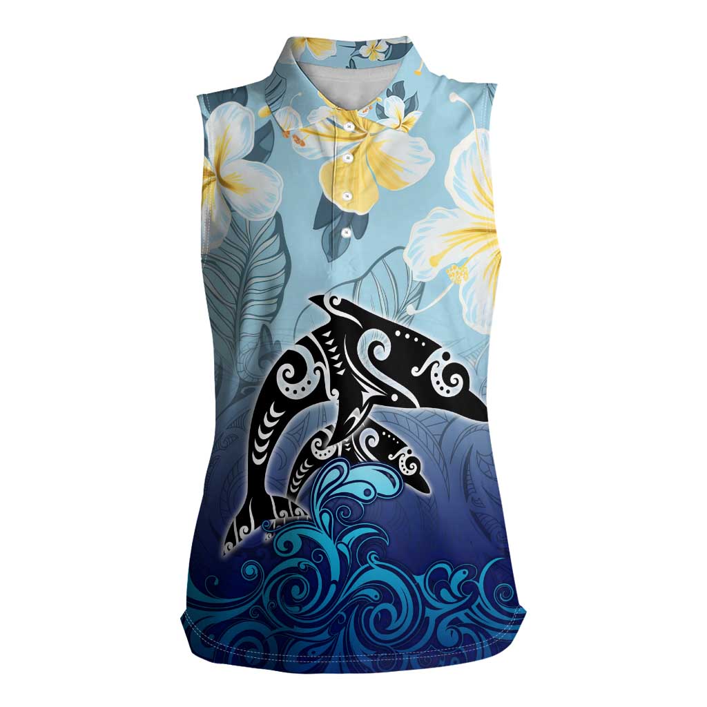 Mother And Baby Dolphins Women Sleeveless Polo Shirt Hawaii Hibiscus DT02 Female Blue - Polynesian Pride