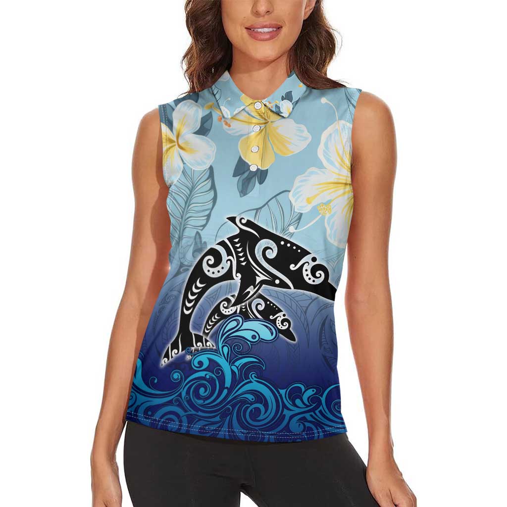 Mother And Baby Dolphins Women Sleeveless Polo Shirt Hawaii Hibiscus DT02 - Polynesian Pride