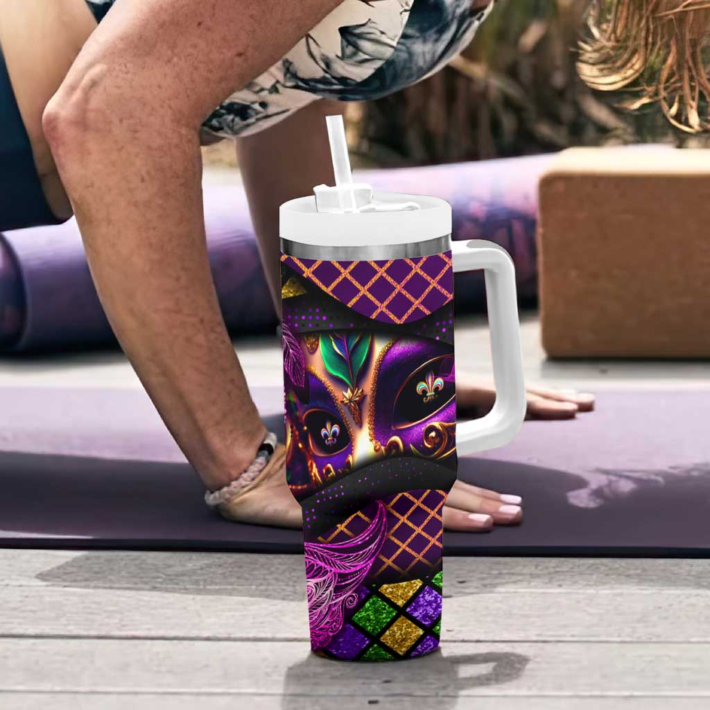 Happy Mardi Gras Tumbler With Handle Mask Feather Colorfull