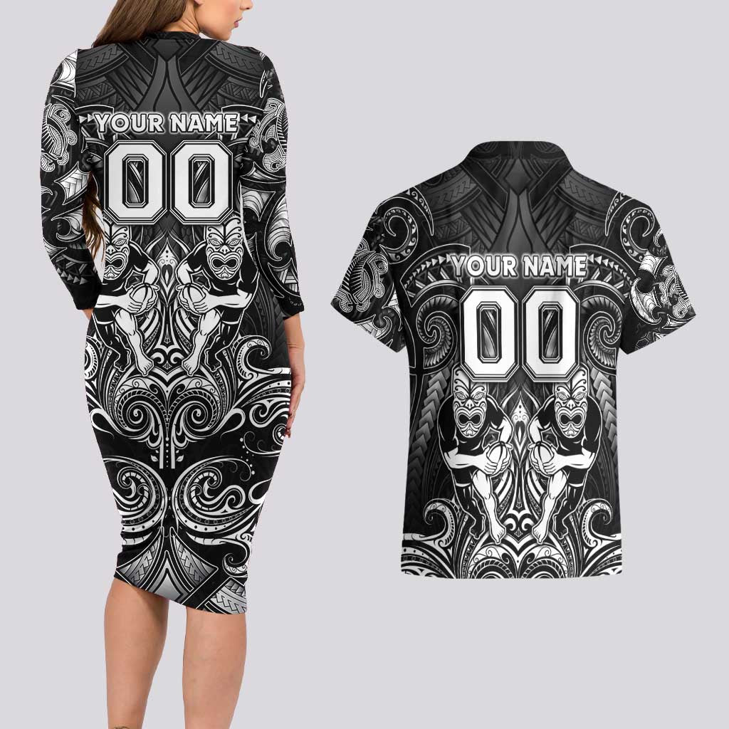 Personalized All Black Couples Matching Long Sleeve Bodycon Dress and Hawaiian Shirt New Zealand Rugby Mascot Maori DT02 - Polynesian Pride