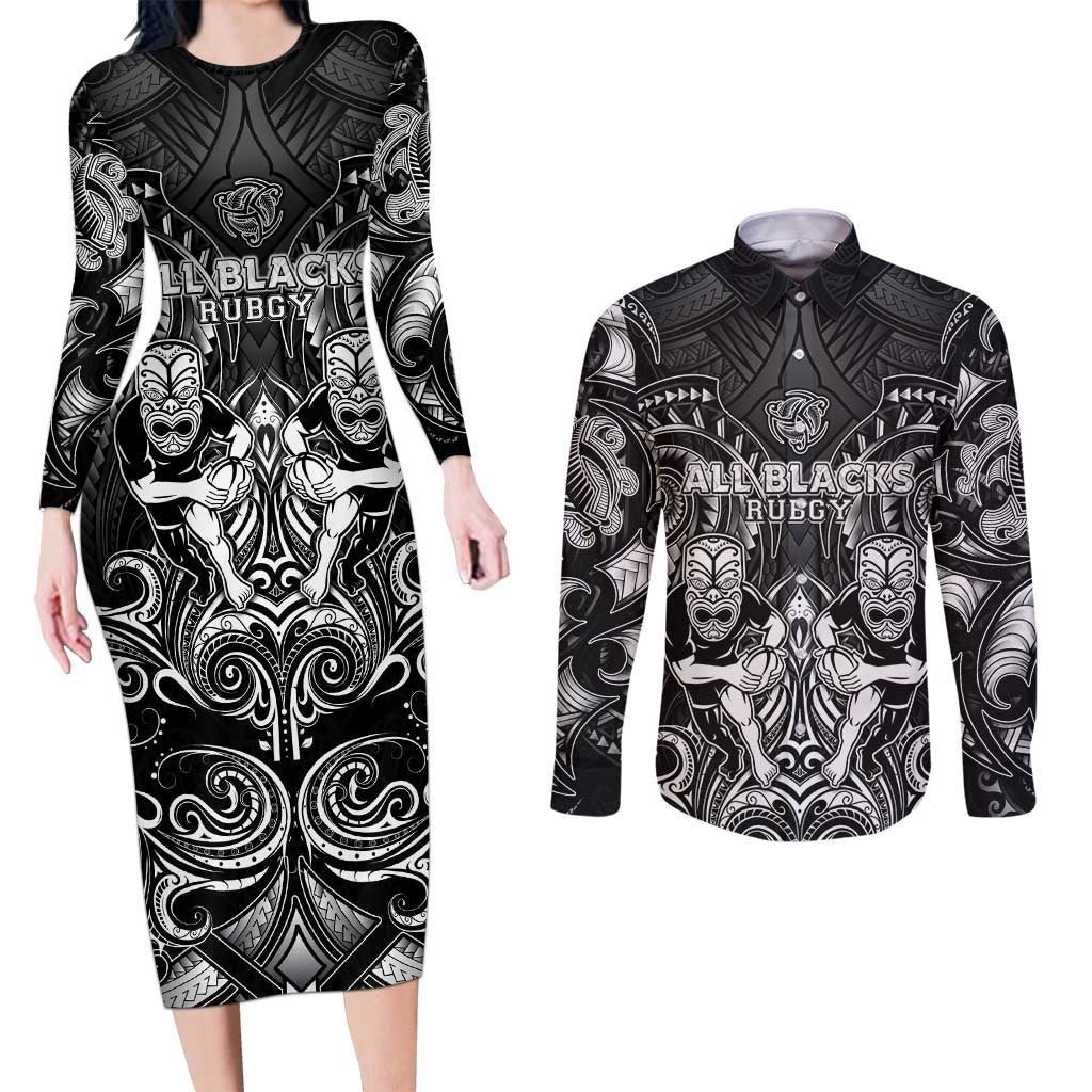 Personalized All Black Couples Matching Long Sleeve Bodycon Dress and Long Sleeve Button Shirt New Zealand Rugby Mascot Maori DT02 Black - Polynesian Pride