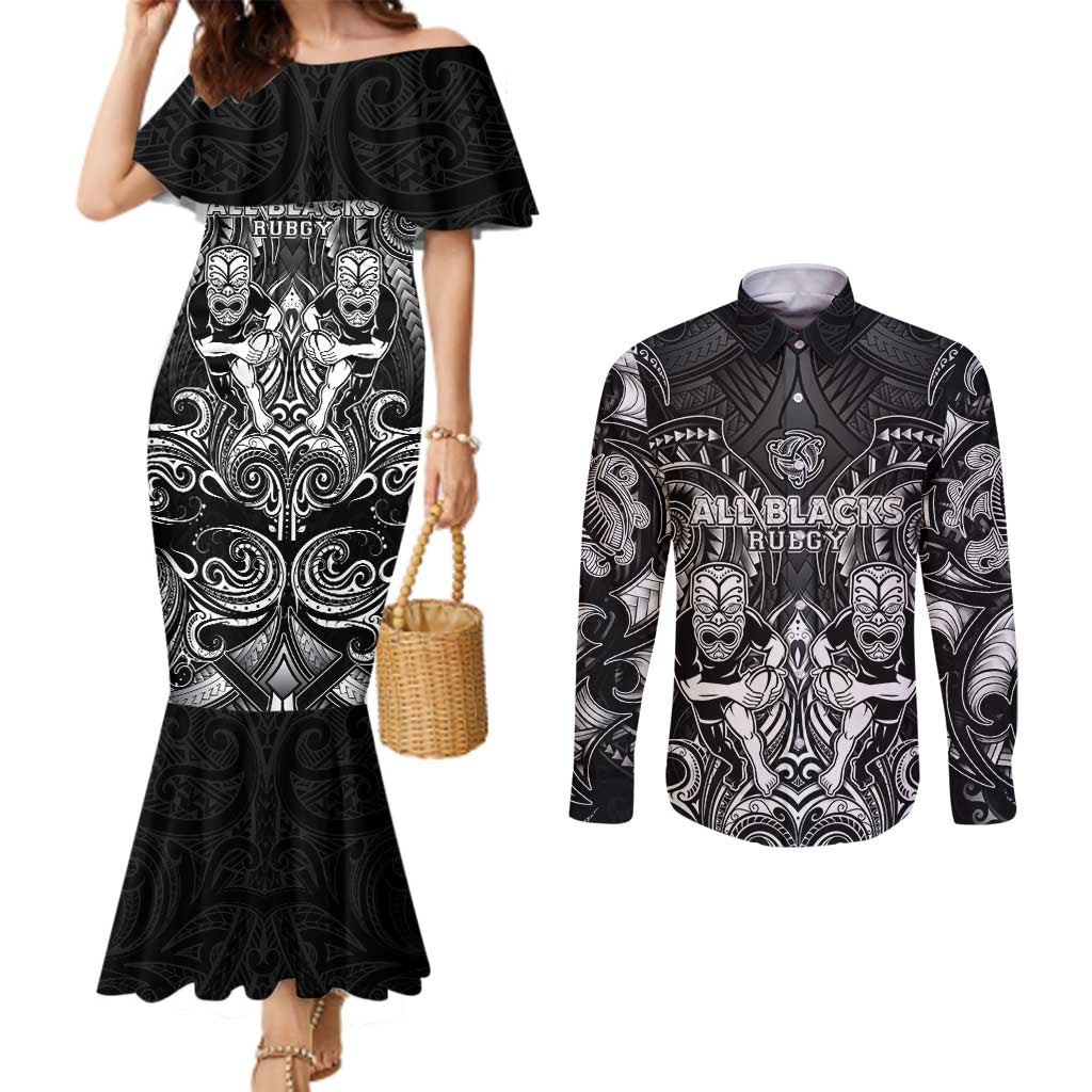 Personalized All Black Couples Matching Mermaid Dress and Long Sleeve Button Shirt New Zealand Rugby Mascot Maori DT02 Black - Polynesian Pride
