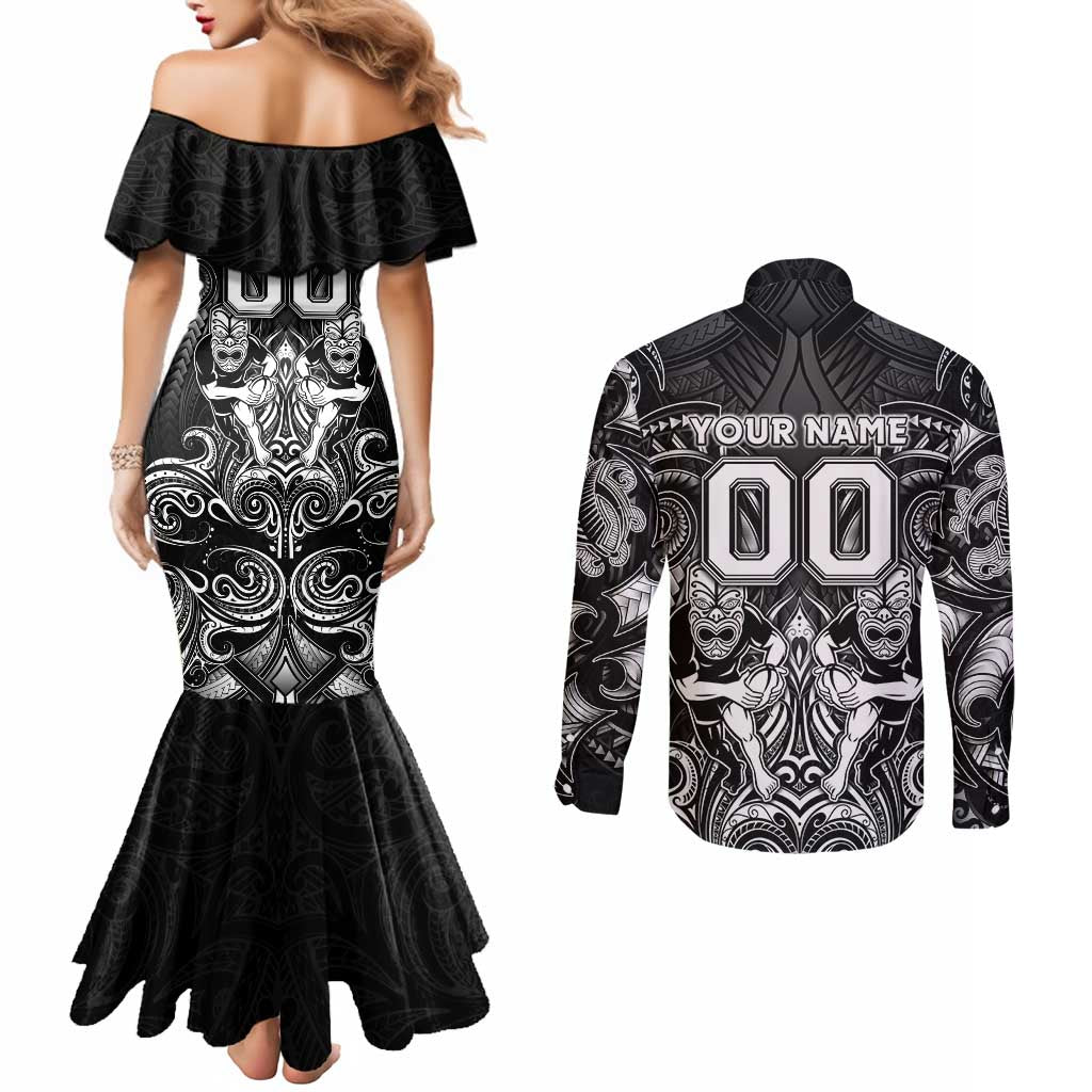 Personalized All Black Couples Matching Mermaid Dress and Long Sleeve Button Shirt New Zealand Rugby Mascot Maori DT02 - Polynesian Pride