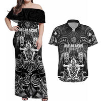 Personalized All Black Couples Matching Off Shoulder Maxi Dress and Hawaiian Shirt New Zealand Rugby Mascot Maori DT02 Black - Polynesian Pride