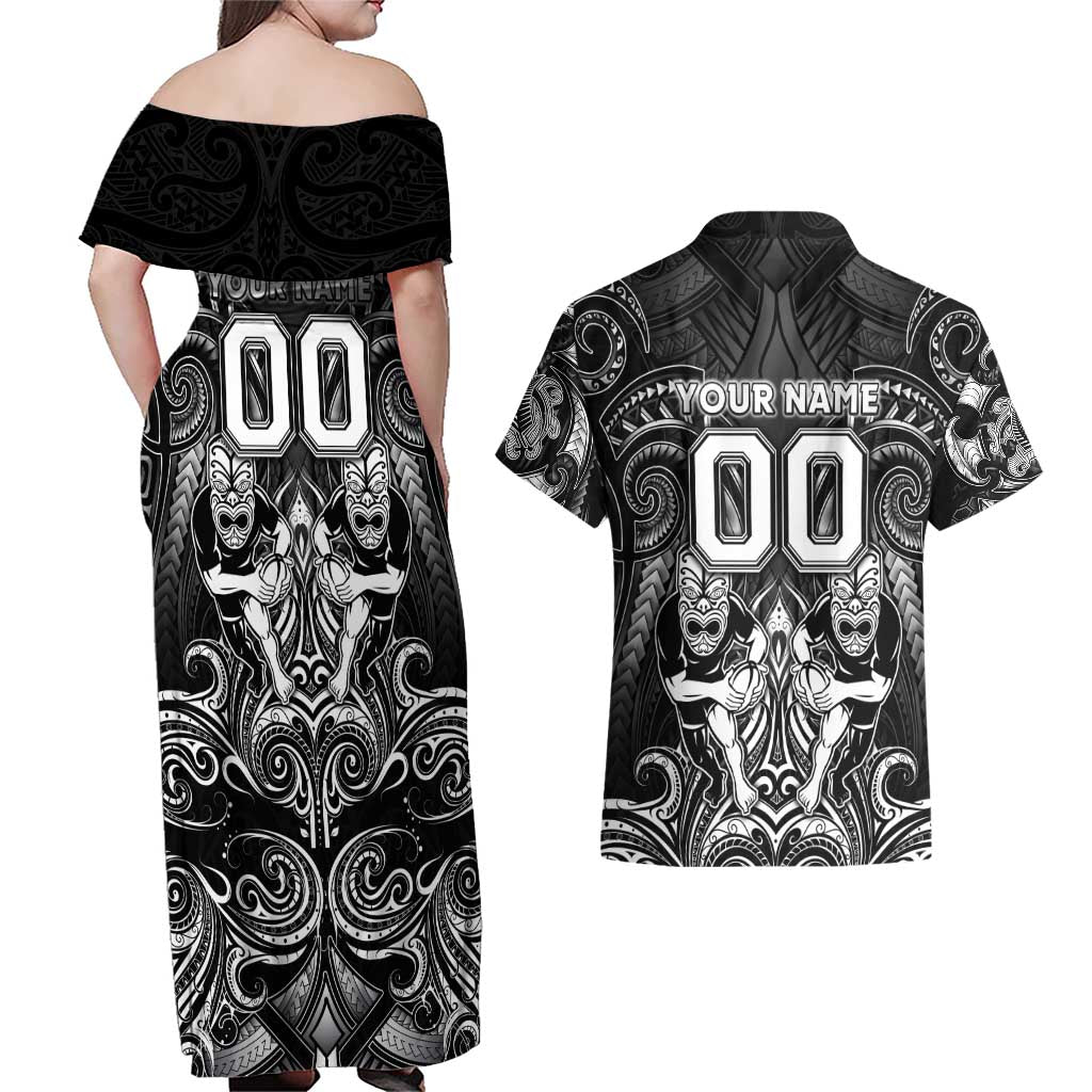 Personalized All Black Couples Matching Off Shoulder Maxi Dress and Hawaiian Shirt New Zealand Rugby Mascot Maori DT02 - Polynesian Pride