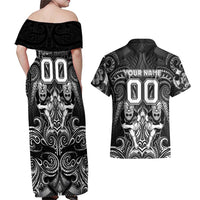 Personalized All Black Couples Matching Off Shoulder Maxi Dress and Hawaiian Shirt New Zealand Rugby Mascot Maori DT02 - Polynesian Pride