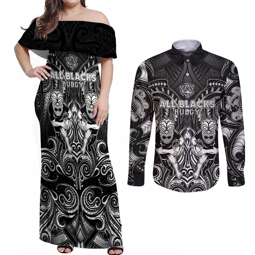 Personalized All Black Couples Matching Off Shoulder Maxi Dress and Long Sleeve Button Shirt New Zealand Rugby Mascot Maori DT02 Black - Polynesian Pride