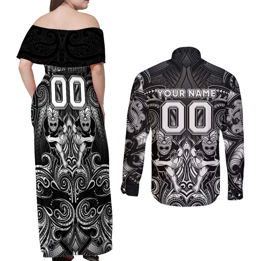 Personalized All Black Couples Matching Off Shoulder Maxi Dress and Long Sleeve Button Shirt New Zealand Rugby Mascot Maori DT02 - Polynesian Pride