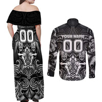 Personalized All Black Couples Matching Off Shoulder Maxi Dress and Long Sleeve Button Shirt New Zealand Rugby Mascot Maori DT02 - Polynesian Pride