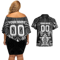 Personalized All Black Couples Matching Off Shoulder Short Dress and Hawaiian Shirt New Zealand Rugby Mascot Maori DT02 - Polynesian Pride