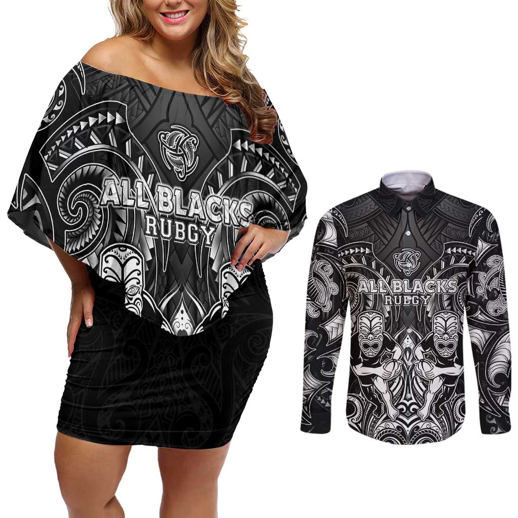 Personalized All Black Couples Matching Off Shoulder Short Dress and Long Sleeve Button Shirt New Zealand Rugby Mascot Maori DT02 Black - Polynesian Pride