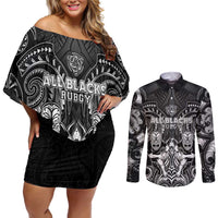 Personalized All Black Couples Matching Off Shoulder Short Dress and Long Sleeve Button Shirt New Zealand Rugby Mascot Maori DT02 Black - Polynesian Pride