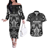 Personalized All Black Couples Matching Off The Shoulder Long Sleeve Dress and Hawaiian Shirt New Zealand Rugby Mascot Maori DT02 Black - Polynesian Pride