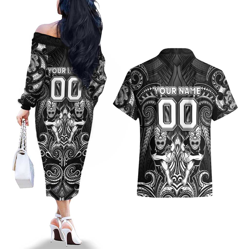 Personalized All Black Couples Matching Off The Shoulder Long Sleeve Dress and Hawaiian Shirt New Zealand Rugby Mascot Maori DT02 - Polynesian Pride