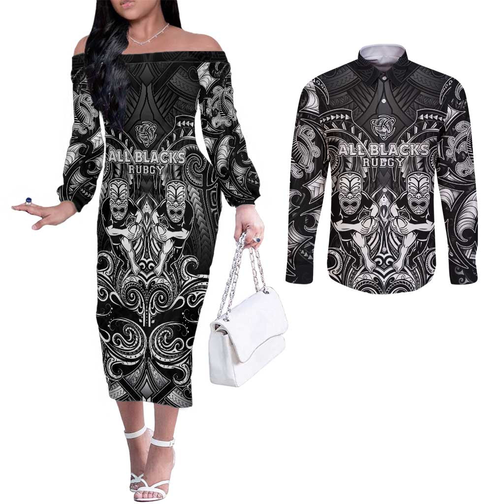 Personalized All Black Couples Matching Off The Shoulder Long Sleeve Dress and Long Sleeve Button Shirt New Zealand Rugby Mascot Maori