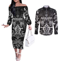 Personalized All Black Couples Matching Off The Shoulder Long Sleeve Dress and Long Sleeve Button Shirt New Zealand Rugby Mascot Maori DT02 Black - Polynesian Pride