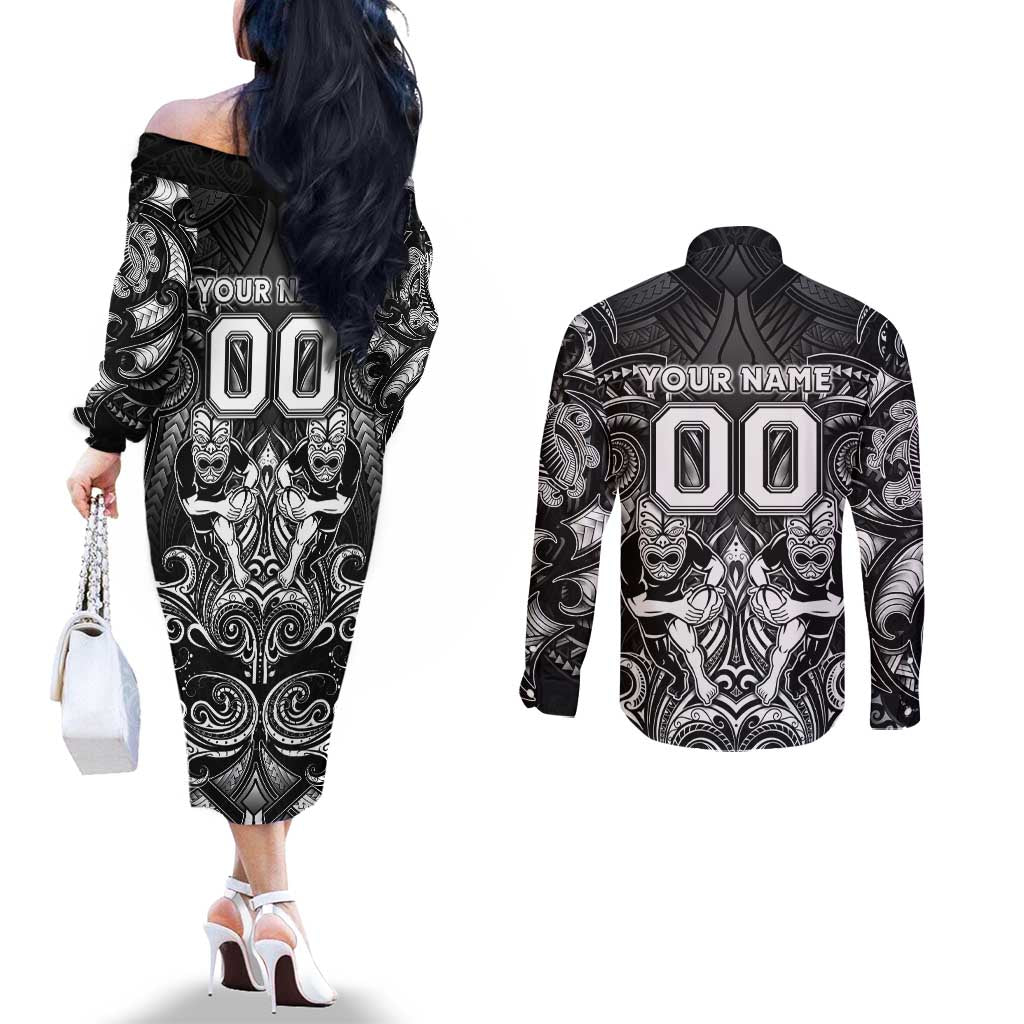 Personalized All Black Couples Matching Off The Shoulder Long Sleeve Dress and Long Sleeve Button Shirt New Zealand Rugby Mascot Maori DT02 - Polynesian Pride