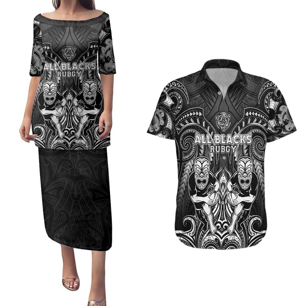 Personalized All Black Couples Matching Puletasi and Hawaiian Shirt New Zealand Rugby Mascot Maori DT02 Black - Polynesian Pride