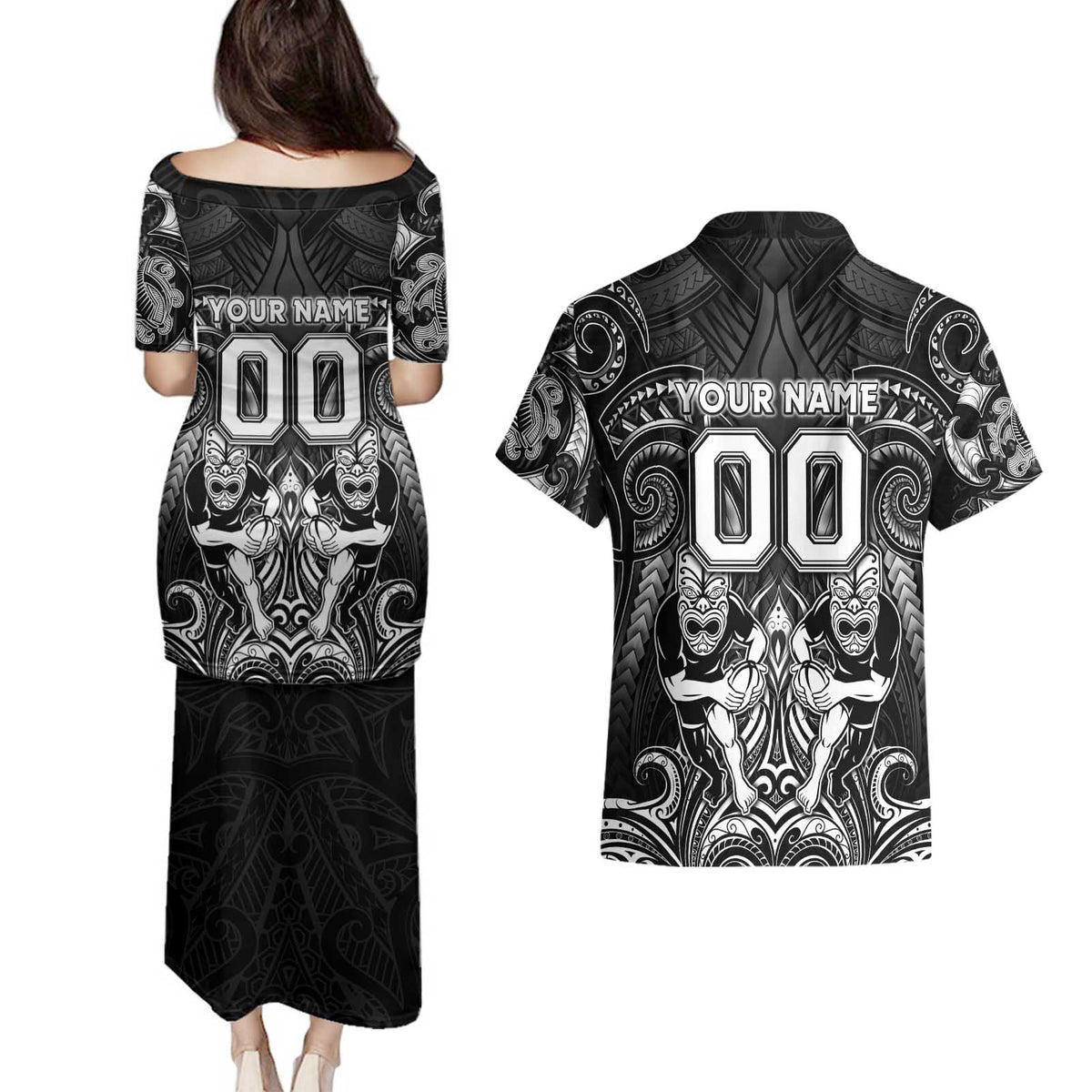 Personalized All Black Couples Matching Puletasi and Hawaiian Shirt New Zealand Rugby Mascot Maori DT02 - Polynesian Pride