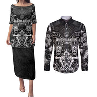 Personalized All Black Couples Matching Puletasi and Long Sleeve Button Shirt New Zealand Rugby Mascot Maori DT02 Black - Polynesian Pride