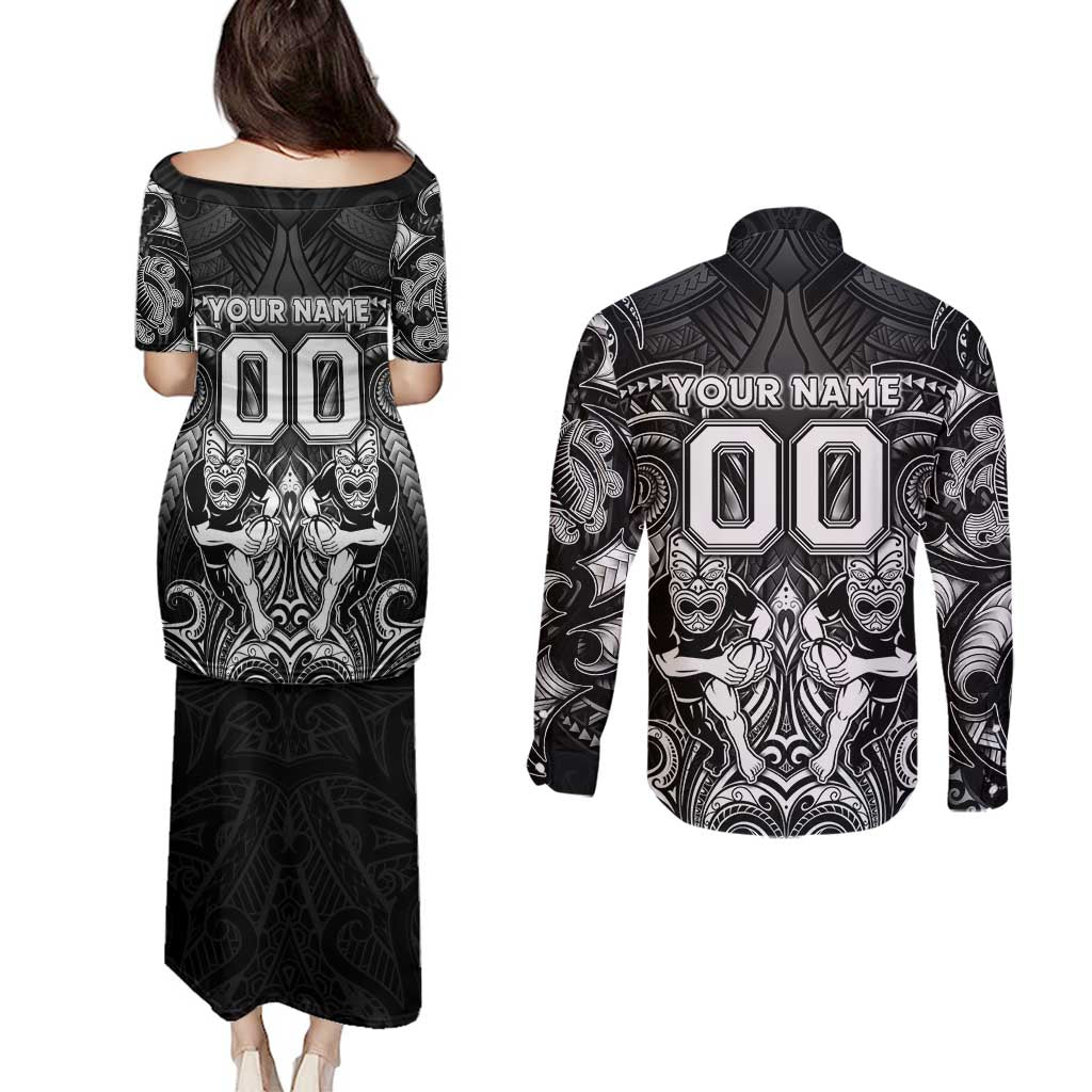 Personalized All Black Couples Matching Puletasi and Long Sleeve Button Shirt New Zealand Rugby Mascot Maori DT02 - Polynesian Pride