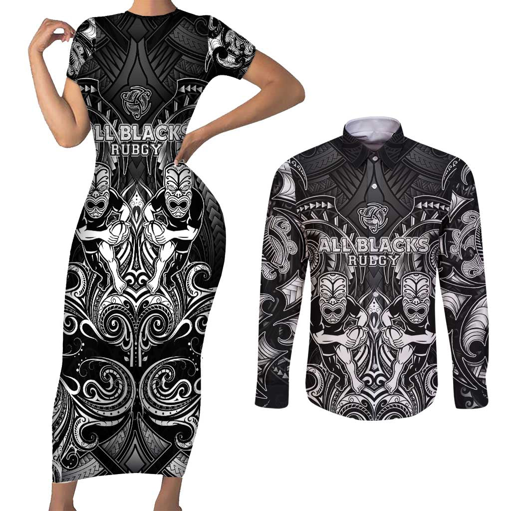 Personalized All Black Couples Matching Short Sleeve Bodycon Dress and Long Sleeve Button Shirt New Zealand Rugby Mascot Maori