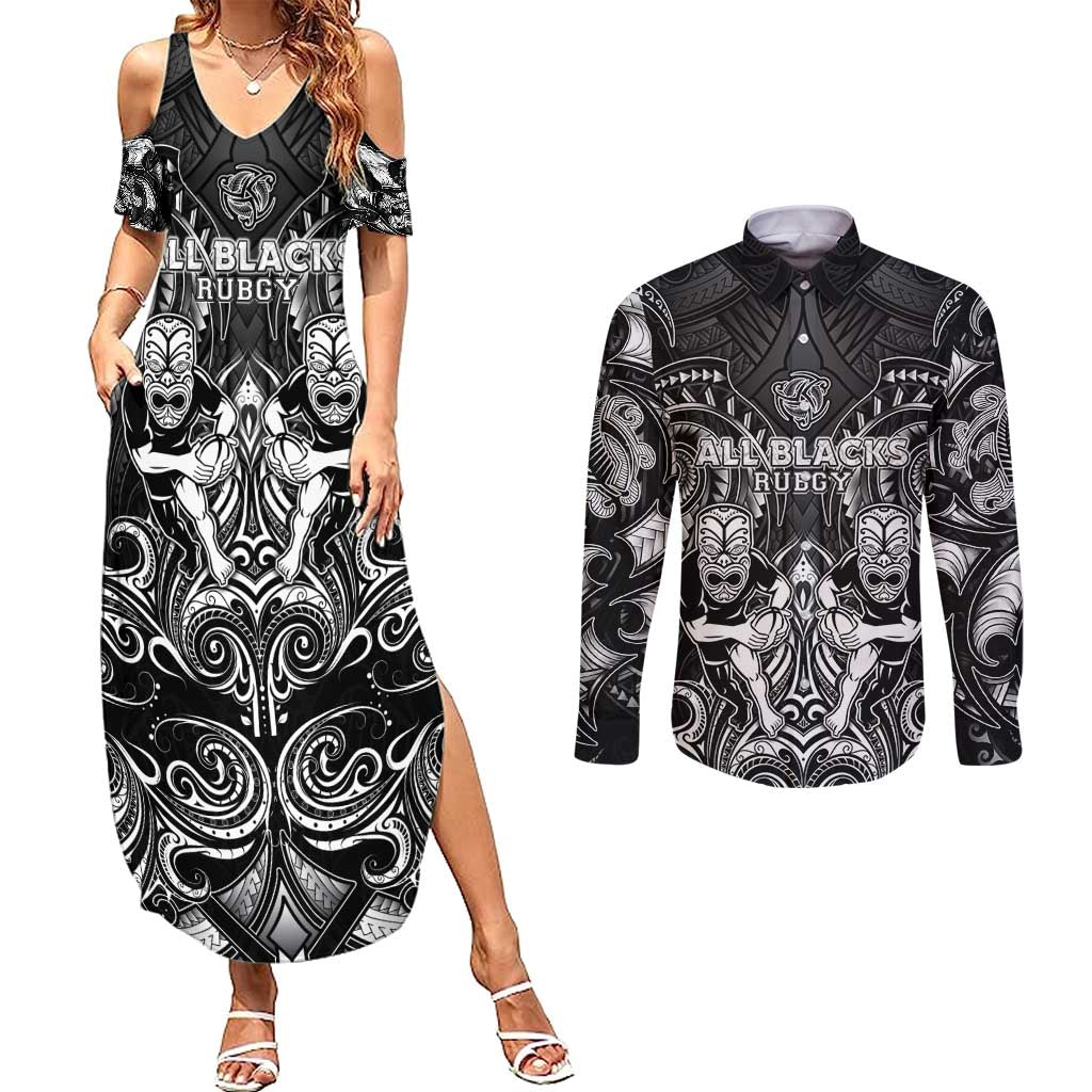 Personalized All Black Couples Matching Summer Maxi Dress and Long Sleeve Button Shirt New Zealand Rugby Mascot Maori DT02 Black - Polynesian Pride