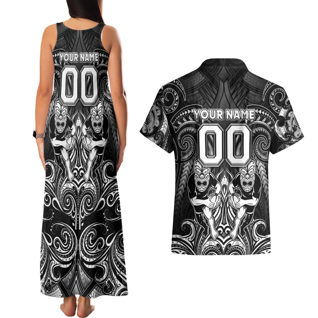 Personalized All Black Couples Matching Tank Maxi Dress and Hawaiian Shirt New Zealand Rugby Mascot Maori DT02 - Polynesian Pride