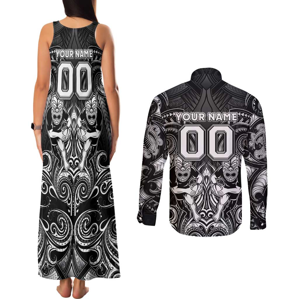 Personalized All Black Couples Matching Tank Maxi Dress and Long Sleeve Button Shirt New Zealand Rugby Mascot Maori DT02 - Polynesian Pride