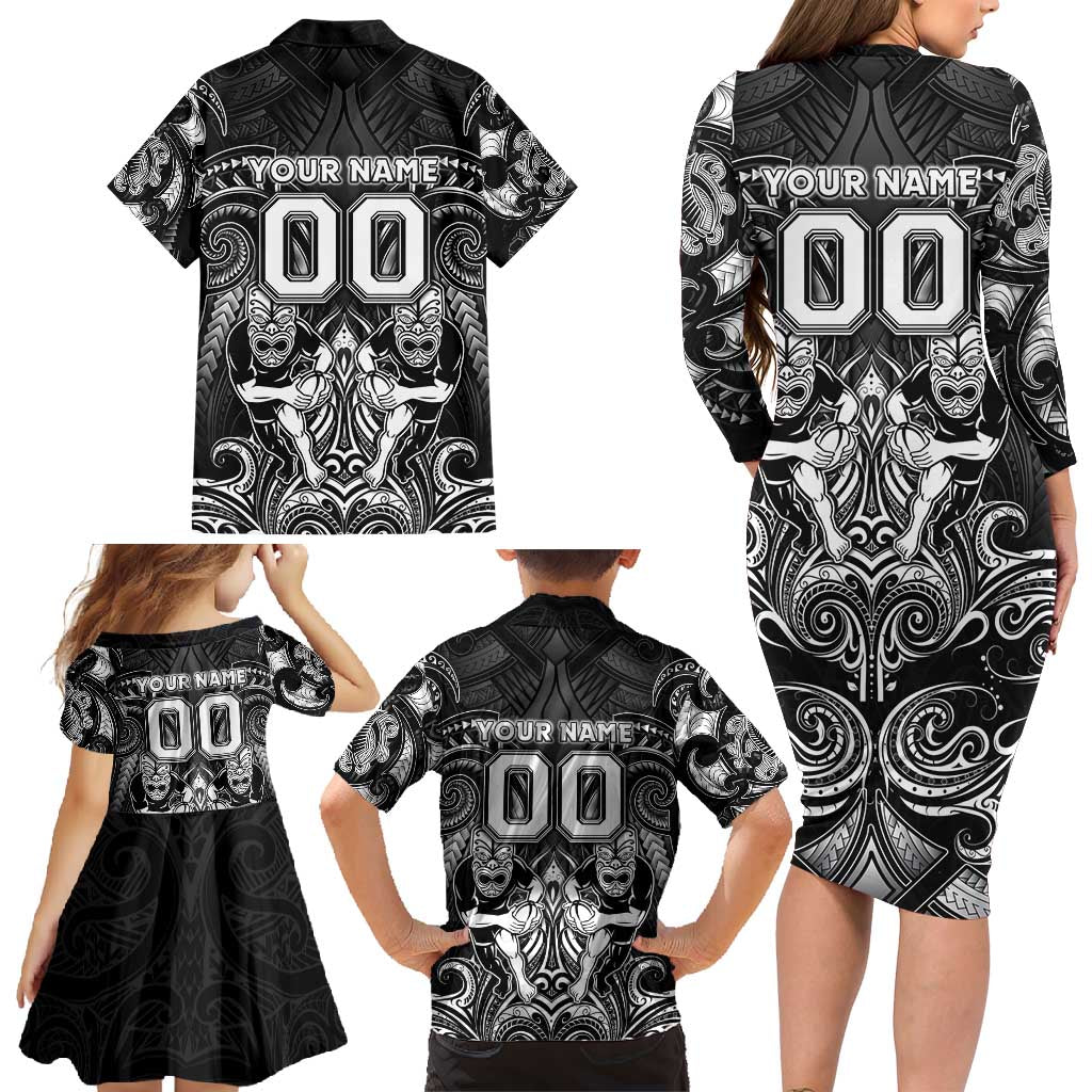 Personalized All Black Family Matching Long Sleeve Bodycon Dress and Hawaiian Shirt New Zealand Rugby Mascot Maori DT02 - Polynesian Pride