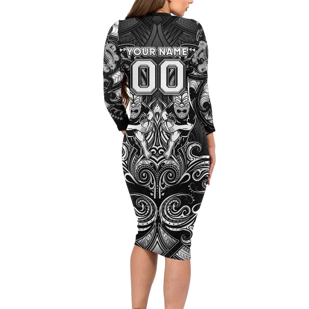 Personalized All Black Family Matching Long Sleeve Bodycon Dress and Hawaiian Shirt New Zealand Rugby Mascot Maori DT02 - Polynesian Pride