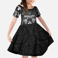 Personalized All Black Family Matching Mermaid Dress and Hawaiian Shirt New Zealand Rugby Mascot Maori DT02 Daughter's Dress Black - Polynesian Pride