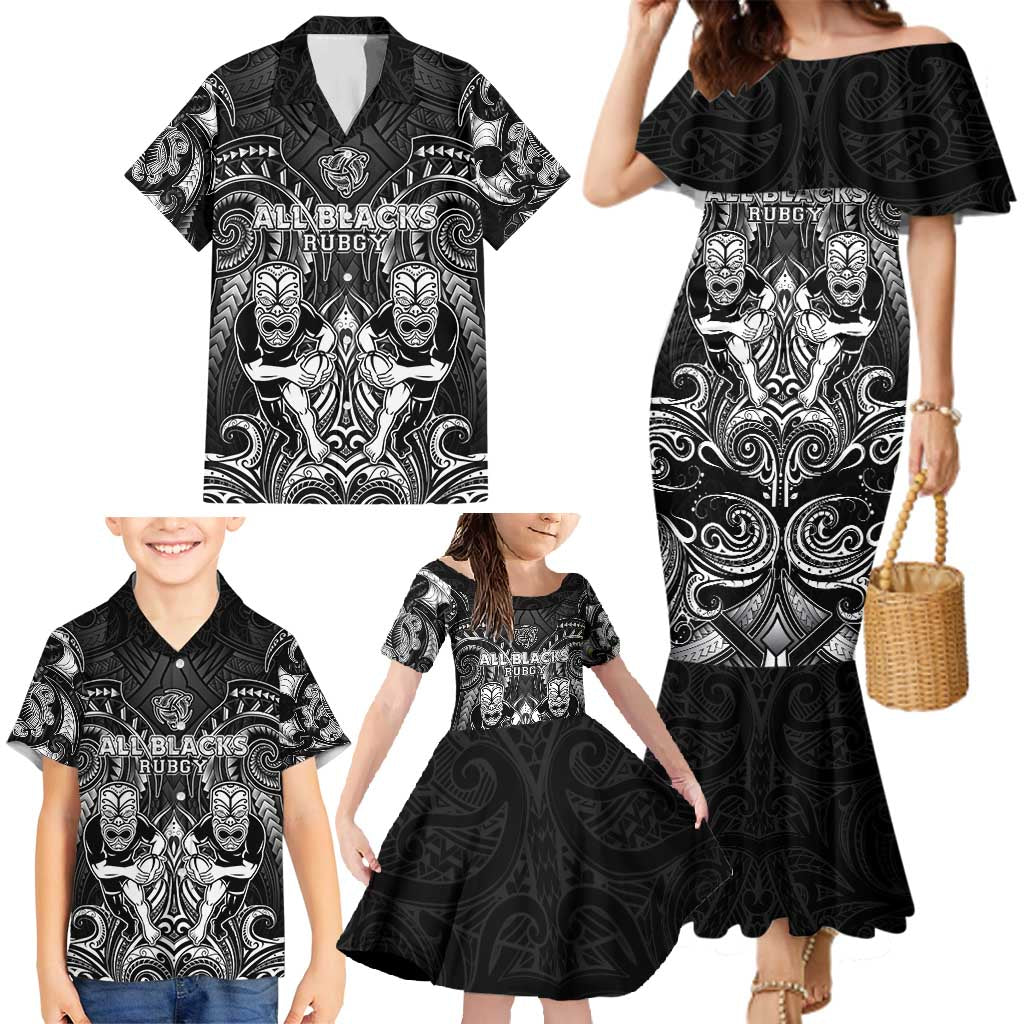 Personalized All Black Family Matching Mermaid Dress and Hawaiian Shirt New Zealand Rugby Mascot Maori DT02 - Polynesian Pride