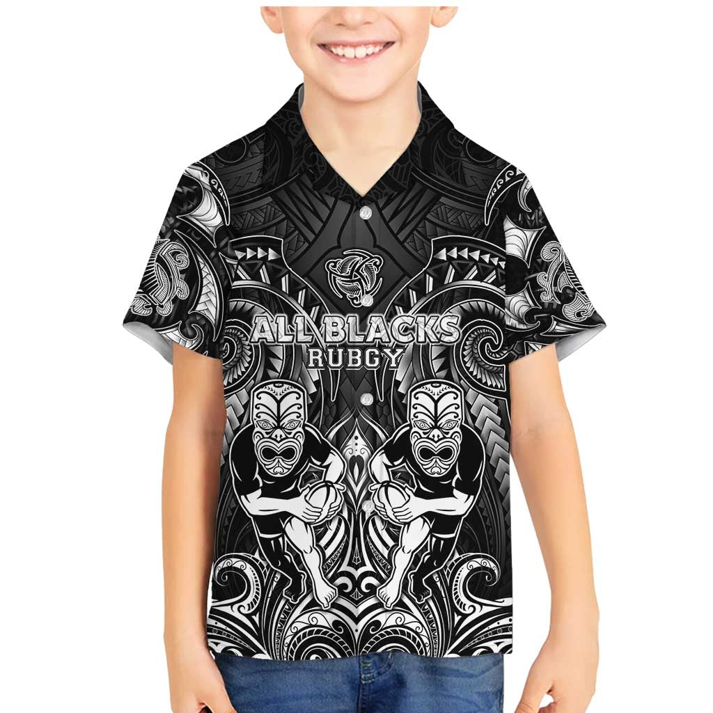 Personalized All Black Family Matching Mermaid Dress and Hawaiian Shirt New Zealand Rugby Mascot Maori DT02 Son's Shirt Black - Polynesian Pride