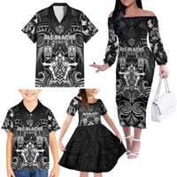 Personalized All Black Family Matching Off The Shoulder Long Sleeve Dress and Hawaiian Shirt New Zealand Rugby Mascot Maori DT02 - Polynesian Pride