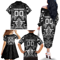 Personalized All Black Family Matching Off The Shoulder Long Sleeve Dress and Hawaiian Shirt New Zealand Rugby Mascot Maori DT02 - Polynesian Pride