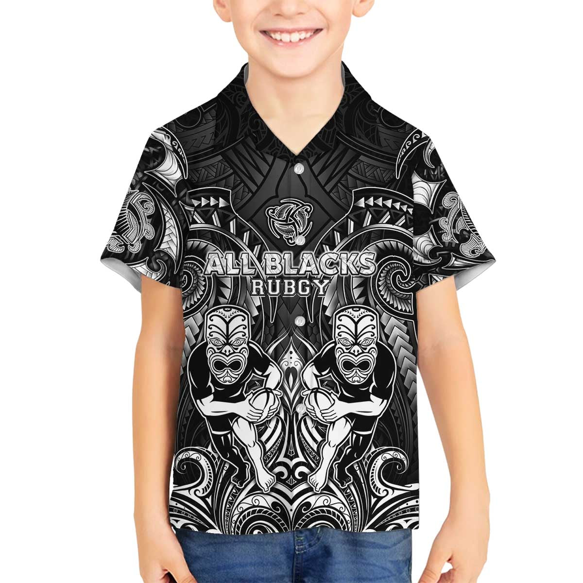 Personalized All Black Family Matching Off The Shoulder Long Sleeve Dress and Hawaiian Shirt New Zealand Rugby Mascot Maori DT02 Son's Shirt Black - Polynesian Pride