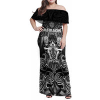 Personalized All Black Family Matching Off Shoulder Maxi Dress and Hawaiian Shirt New Zealand Rugby Mascot Maori DT02 Mom's Dress Black - Polynesian Pride