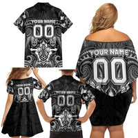 Personalized All Black Family Matching Off Shoulder Short Dress and Hawaiian Shirt New Zealand Rugby Mascot Maori DT02 - Polynesian Pride