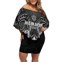 Personalized All Black Family Matching Off Shoulder Short Dress and Hawaiian Shirt New Zealand Rugby Mascot Maori DT02 Mom's Dress Black - Polynesian Pride