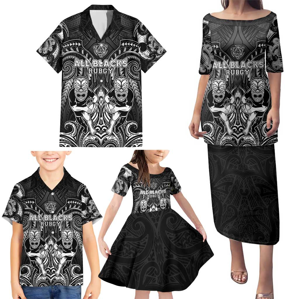 Personalized All Black Family Matching Puletasi and Hawaiian Shirt New Zealand Rugby Mascot Maori DT02 - Polynesian Pride