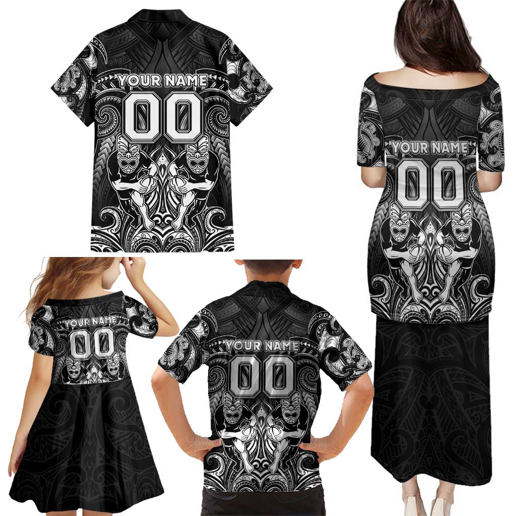 Personalized All Black Family Matching Puletasi and Hawaiian Shirt New Zealand Rugby Mascot Maori DT02 - Polynesian Pride