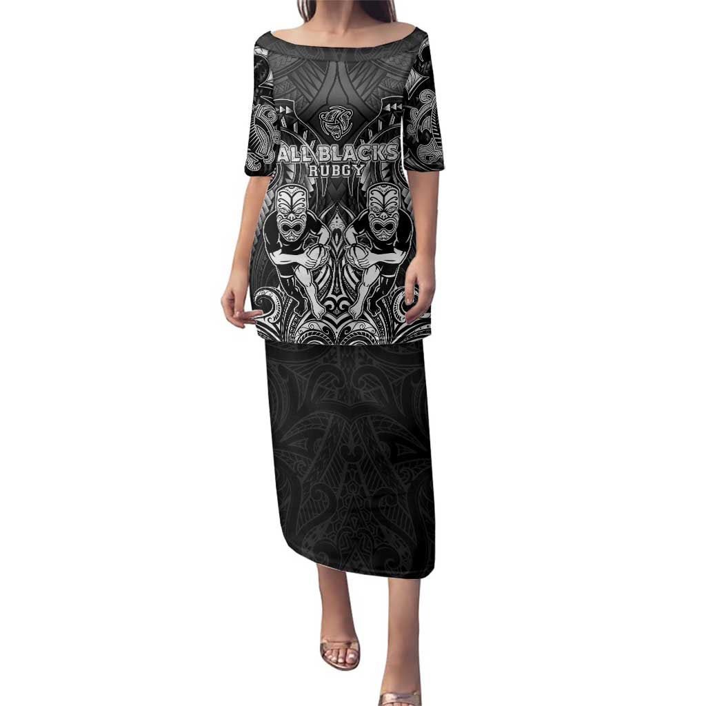 Personalized All Black Family Matching Puletasi and Hawaiian Shirt New Zealand Rugby Mascot Maori DT02 Mom's Dress Black - Polynesian Pride