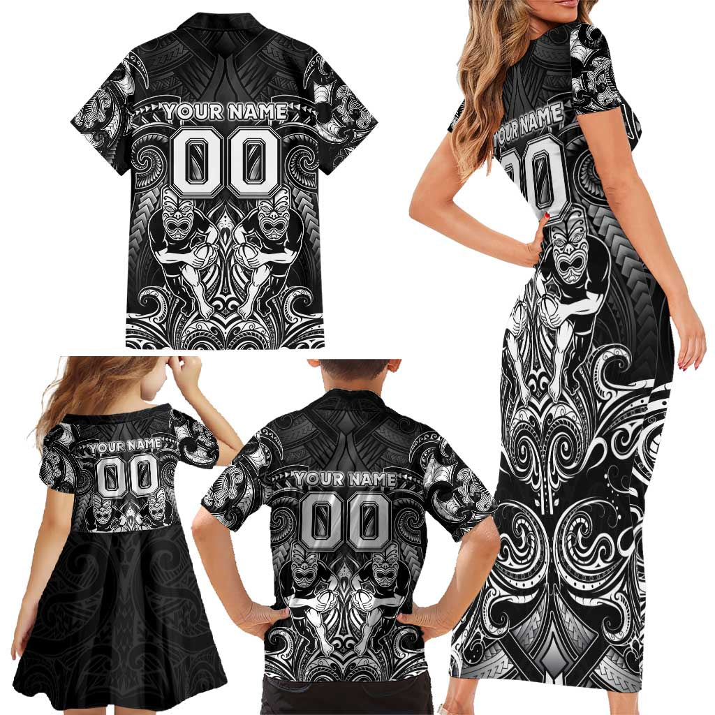 Personalized All Black Family Matching Short Sleeve Bodycon Dress and Hawaiian Shirt New Zealand Rugby Mascot Maori DT02 - Polynesian Pride