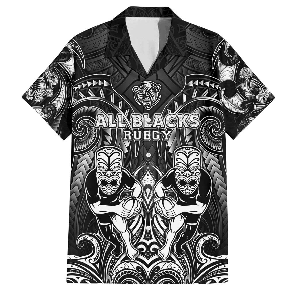 Personalized All Black Family Matching Summer Maxi Dress and Hawaiian Shirt New Zealand Rugby Mascot Maori DT02 Dad's Shirt - Short Sleeve Black - Polynesian Pride