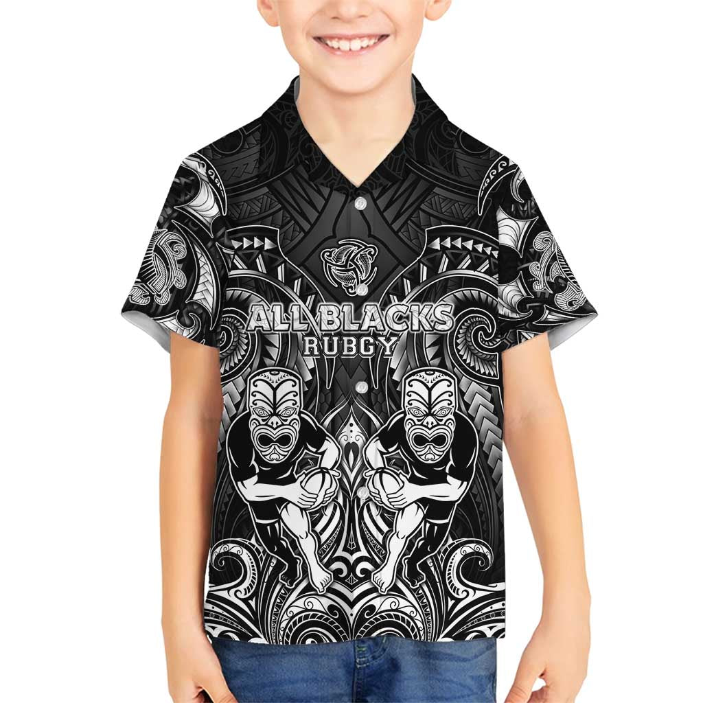 Personalized All Black Family Matching Summer Maxi Dress and Hawaiian Shirt New Zealand Rugby Mascot Maori DT02 Son's Shirt Black - Polynesian Pride