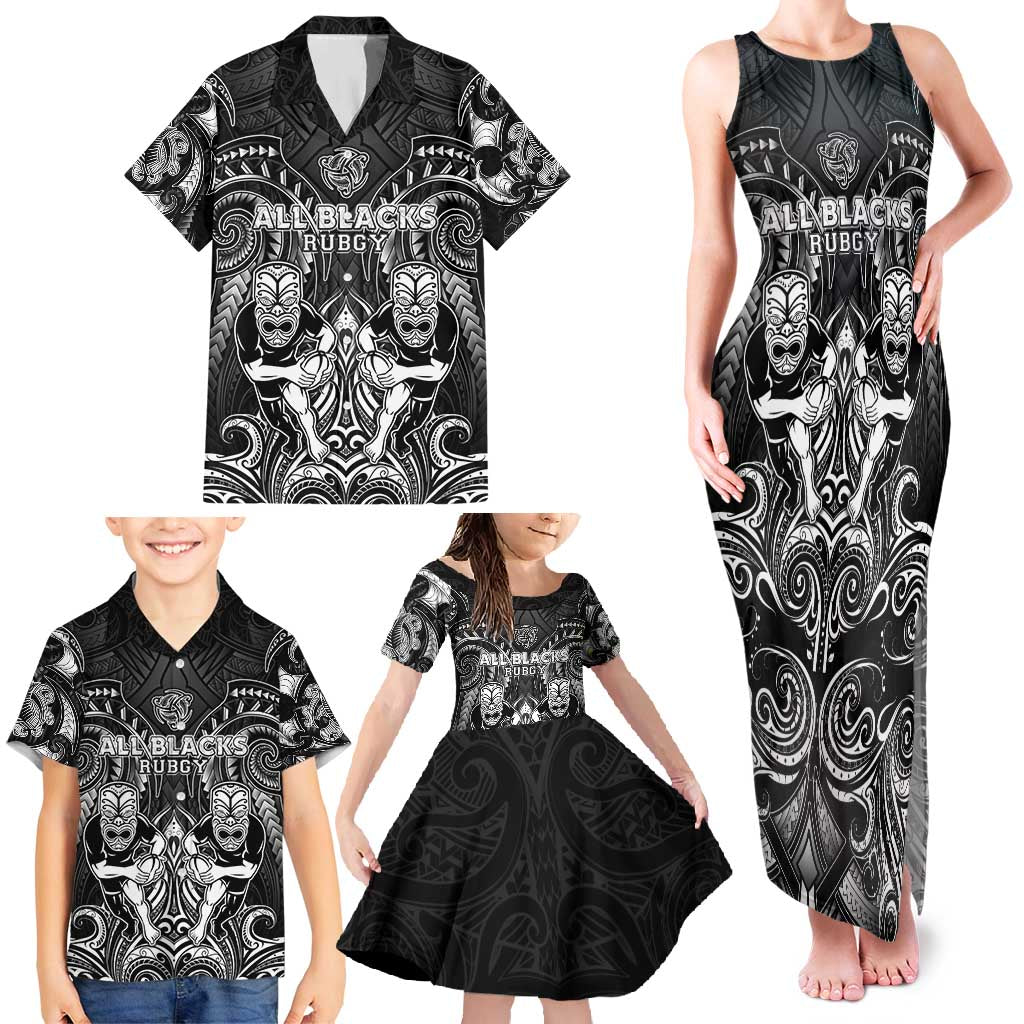 Personalized All Black Family Matching Tank Maxi Dress and Hawaiian Shirt New Zealand Rugby Mascot Maori DT02 - Polynesian Pride