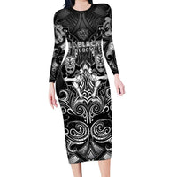 Personalized All Black Long Sleeve Bodycon Dress New Zealand Rugby Mascot Maori DT02 Long Dress Black - Polynesian Pride