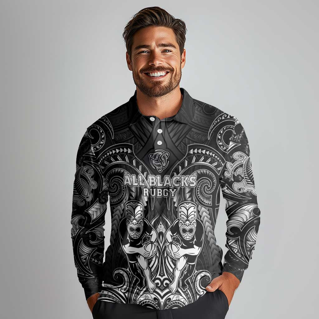 Personalized All Black Long Sleeve Polo Shirt New Zealand Rugby Mascot Maori