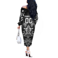 Personalized All Black Off The Shoulder Long Sleeve Dress New Zealand Rugby Mascot Maori DT02 - Polynesian Pride